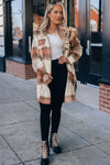 Brown Plaid Print Flap Pockets Long Shacket-Outerwear-MomFashion