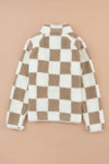 Brown Checked Snap Button Sherpa Jacket-Outerwear-MomFashion