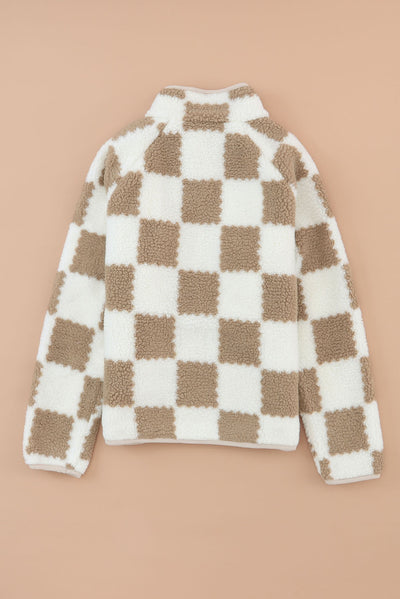 Brown Checked Snap Button Sherpa Jacket-Outerwear-MomFashion