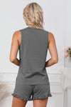 Dark Gray Crew Neck Tank and Drawstring Ruffled Shorts Lounge Set-Loungewear-MomFashion