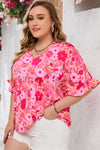 Rose Floral Print Ruffled Half Sleeve Plus Size Babydoll Blouse-Plus Size-MomFashion