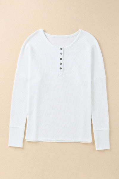 White Waffle Knit Henley Top-Tops-MomFashion