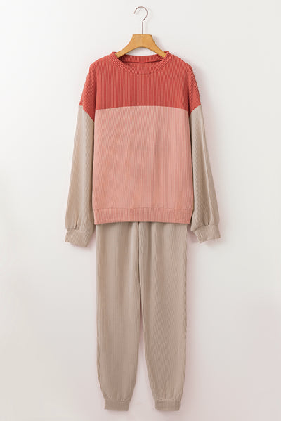 Fiery Red Corded 2pcs Colorblock Pullover and Pants Outfit-Loungewear-MomFashion