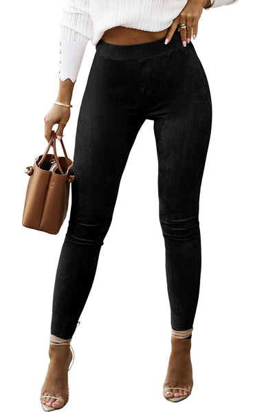 Black High Waist Faux Suede Skinny Leggings-Bottoms-MomFashion