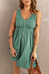 Green Buttons Sleeveless High Waist Mini Dress-Dresses-MomFashion