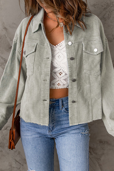 Sky Blue Raw Hem Flap Pockets Cropped Corduroy Jacket-Outerwear-MomFashion