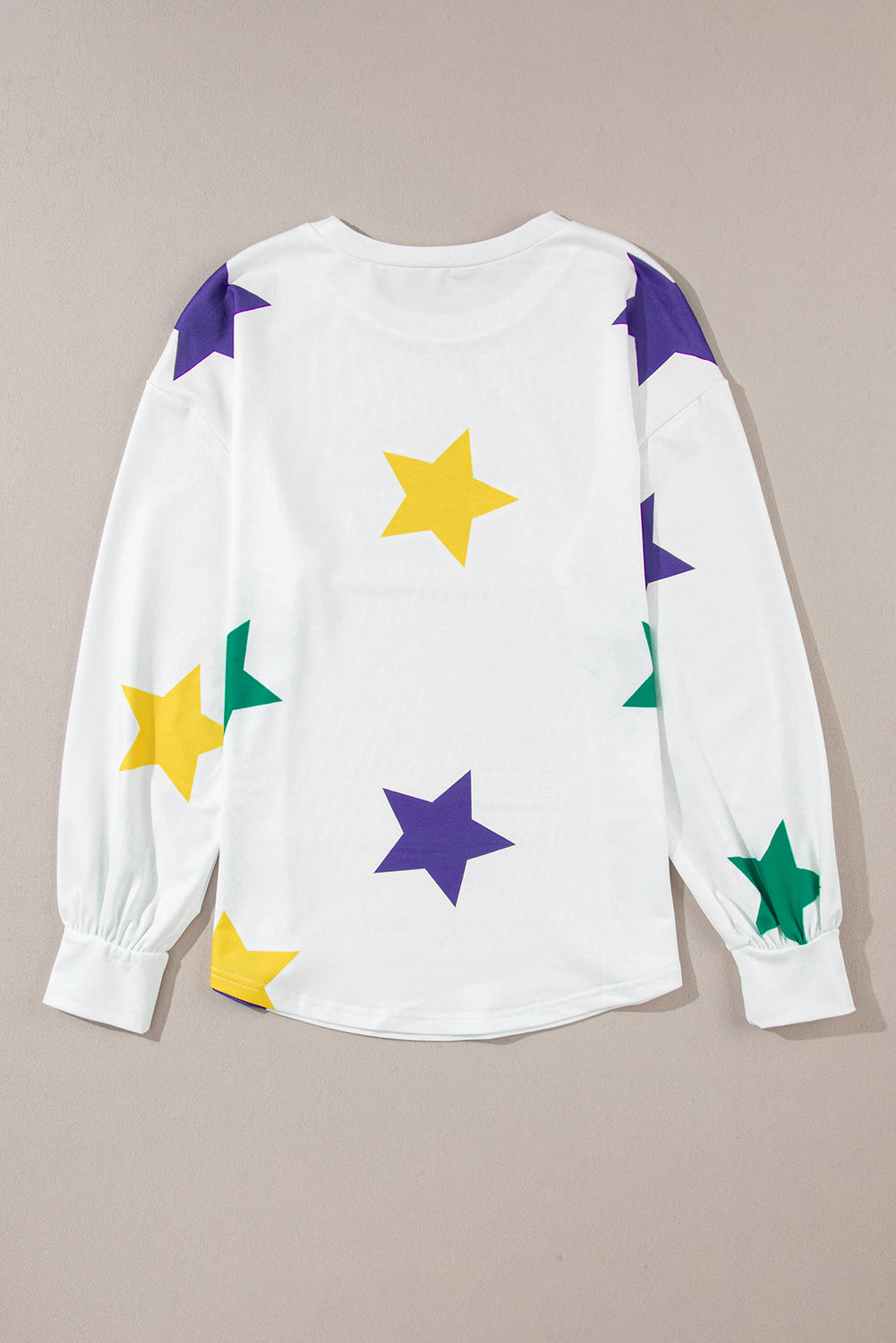 White Mardi Gras Star Printed Long Sleeve Top-Tops-MomFashion
