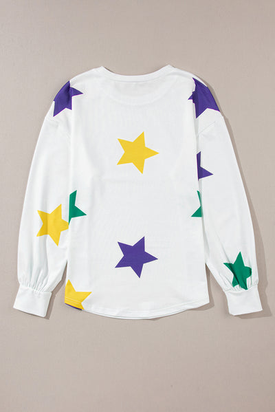 White Mardi Gras Star Printed Long Sleeve Top-Tops-MomFashion