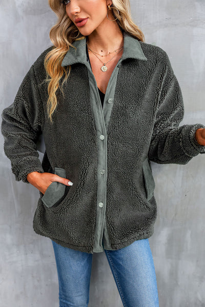 Gray Corduroy Trim Elbow Patch Sherpa Jacket-Outerwear-MomFashion