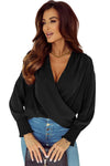 Black Solid Surplice Neck Shirred Cuffs Draped Blouse-Tops-MomFashion