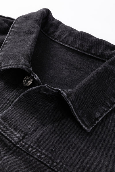 Black Metal Buttons Flap Pocket Drop Shoulder Denim Jacket-Outerwear-MomFashion