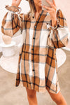 Khaki Plaid Pattern Collared Neck Ruffled Sleeve Shirt Dress-Dresses-MomFashion