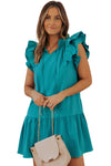 Green Tiered Ruffled Sleeves Mini Dress with Pockets-Dresses-MomFashion