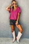 Bright Pink Crinkled V Neck Wide Sleeve T-shirt-Tops-MomFashion