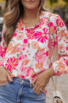 Bright White Floral Print Split V Neck Blouse-Tops-MomFashion