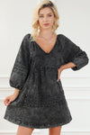 Black Pleated V Neck Puff Sleeve Denim Babydoll Dress-Dresses-MomFashion