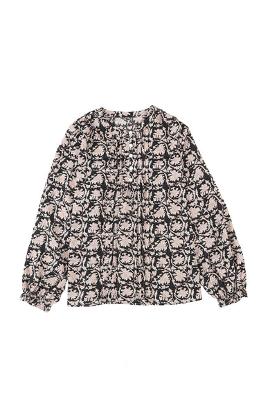 Black Floral Print Split Neck Pleated Puff Sleeve Blouse-Tops-MomFashion