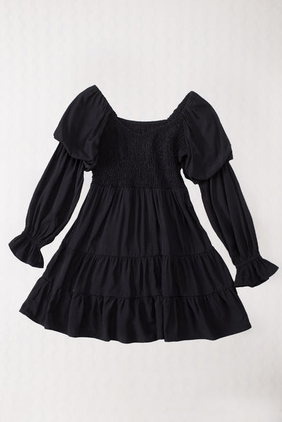 Black Boho Solid Shirred Ruffle Mini Dress-Dresses-MomFashion