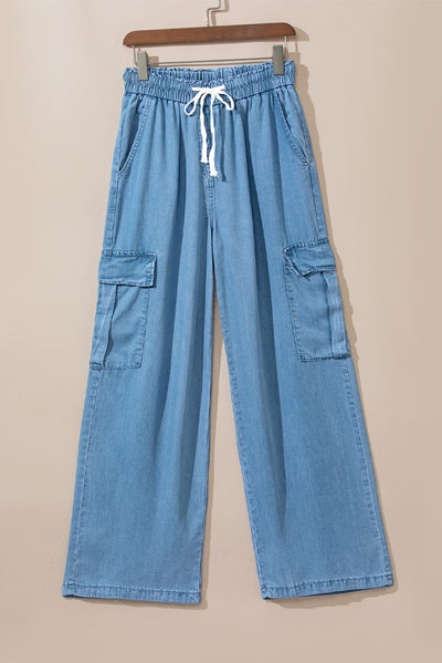 Sky Blue Drawstring High Waist Cargo Pocket Wide Leg Jeans-Bottoms-MomFashion