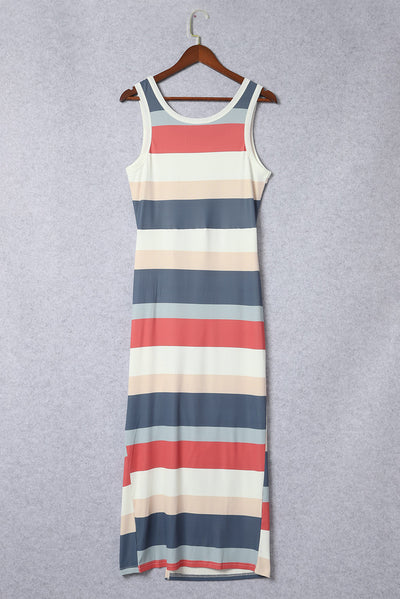 Multicolor Striped Color Block Ribbed Knit Lace-up Slit Tank Dress-Dresses-MomFashion