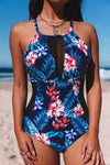 Black Floral Print Mesh Patchwork Criss Cross One-piece Swimsuit-Swimwear-MomFashion