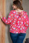 Pink Plus Size Square Neck Floral Blouse-Plus Size-MomFashion