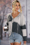Gray Colorblock Seamed Ribbed Henley Hoodie-Tops-MomFashion