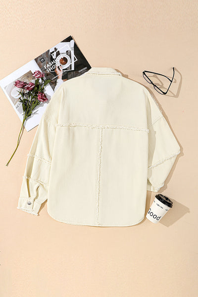 White Frayed Exposed Seam Denim Jacket-Outerwear-MomFashion