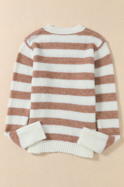 Brown Striped Round Neck Casual Sweater-Tops-MomFashion