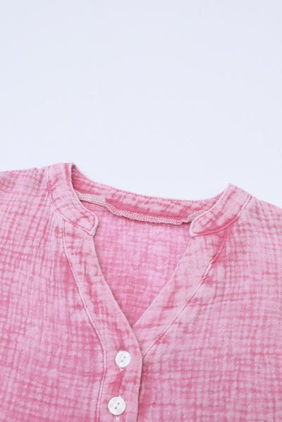 Pink Crinkle Textured Loose Henley Top-Tops-MomFashion