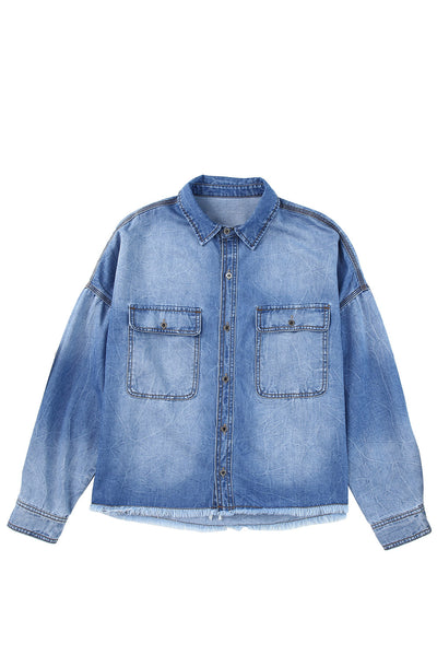 Sky Blue Flap Pockets Raw Hem Denim Shacket-Outerwear-MomFashion