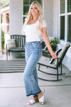 Sky Blue High Waist Buttoned Distressed Flared Jeans-Bottoms-MomFashion