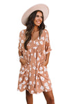 Khaki V Neck Floral Babydoll Dress with Pockets-Dresses-MomFashion