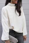 Snow White Ribbed High Neck Drop Shoulder Loose Top-Tops-MomFashion