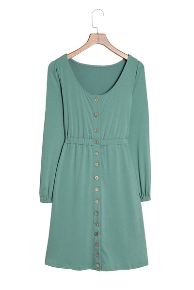 Green Button Up High Waist Long Sleeve Dress-Dresses-MomFashion