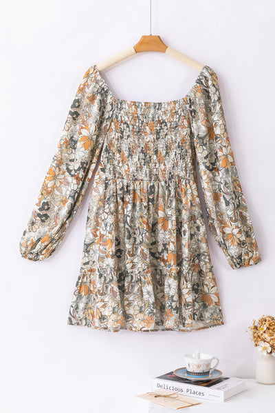 Floral Print Smocked Back Puff Sleeve Mini Dress-Dresses-MomFashion