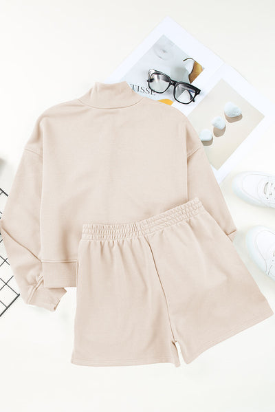 Apricot Casual High Neck Henley Top and Short Outfit-Activewear-MomFashion