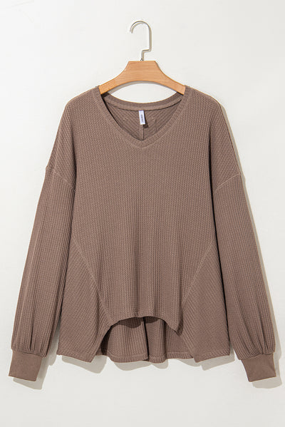 Coffee Waffle V Neck Long Sleeve Drop Shoulder Loose Blouse-Tops/Blouses & Shirts-MomFashion