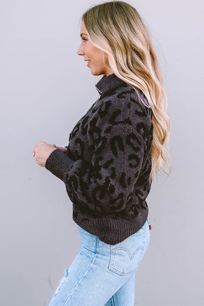 Leopard Animal Print Zipped Collared Sweater-Tops-MomFashion