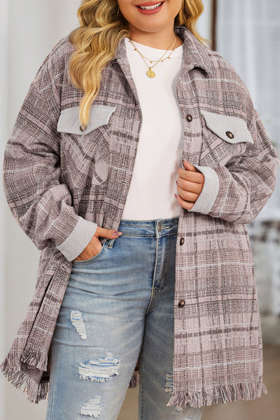 Pink Plus Size Macrame Plaid Coat-Plus Size-MomFashion