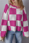 Bright Pink Checkered Round Neck Baggy Sweater-Tops-MomFashion