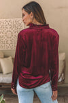 Burgundy Frilled Neck Buttoned Front Velvet Top-Tops-MomFashion