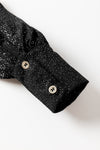 Black Glitter Wrap V Neck Tie Hem Puff Sleeve Blouse-Tops-MomFashion