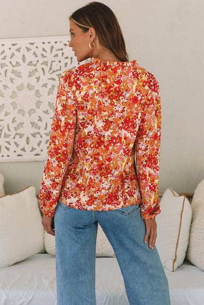 Grapefruit Orange Frilled Split Neck Bubble Sleeve Floral Blouse-Tops-MomFashion