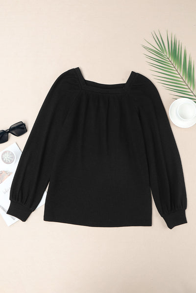 Black Scoop Neck Puff Sleeve Waffle Knit Top-Tops-MomFashion