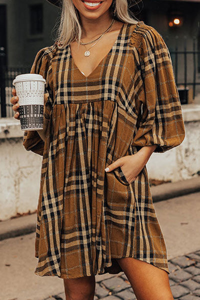 Brown Plaid Pattern Empire Waist Babydoll Dress-Dresses-MomFashion