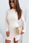 Apricot Tactile Texture Split Long Sleeve Knit Dress-Dresses-MomFashion