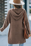 Brown Horizontal Rib Knitted Open Front Hooded Cardigan-Tops-MomFashion