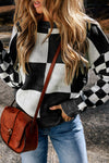 Black Checkered Print Drop Shoulder Sweater-Tops-MomFashion