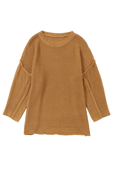 Brown Slouchy Textured Knit Loose Sweater-Tops-MomFashion